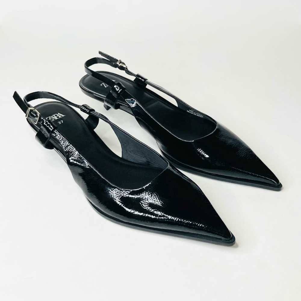 ZARA - Slingback Kitten Heels. Pointy toe patent. Black Size: 37 = 6 1/2